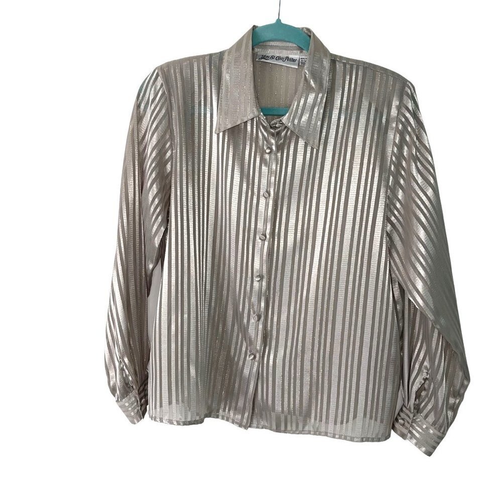 Yves St. Clair Petites Blouse Womens Size Medium Vintage Striped Metallic Gold